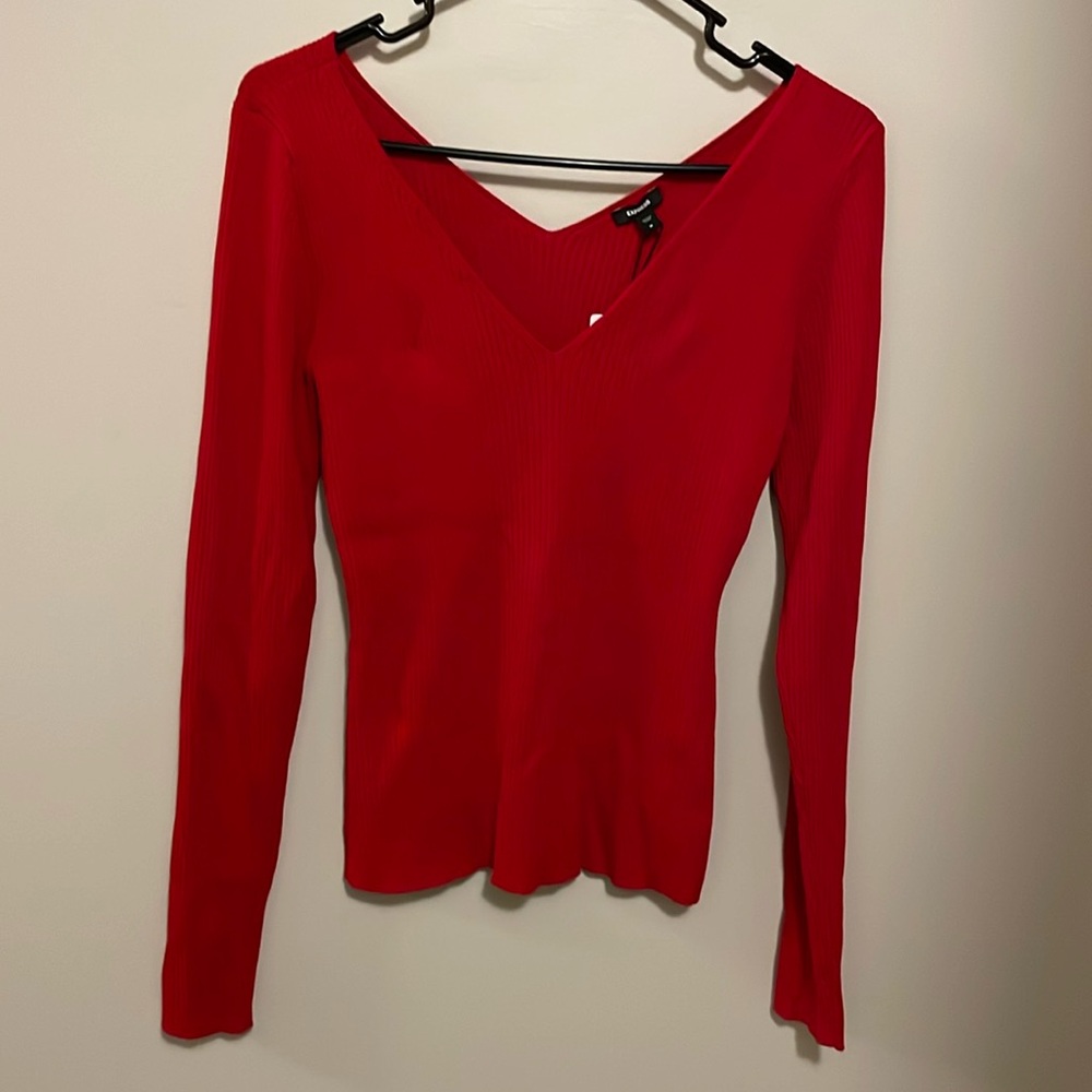 Express Red V-Neck Ribbed Sweater